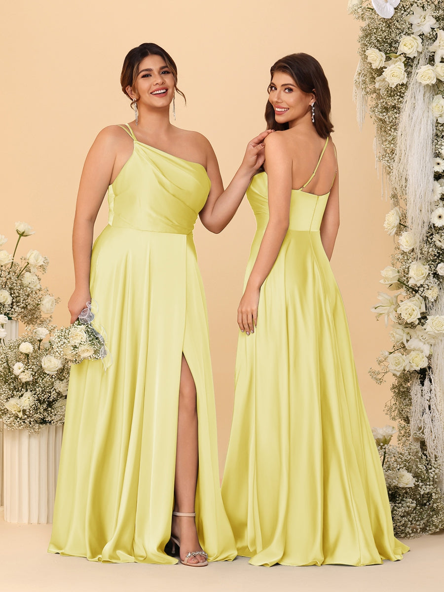 A-Line/Princess Spaghetti Straps Sleeveless Long Ruched Bridesmaid Dresses With Split Side Yellow
