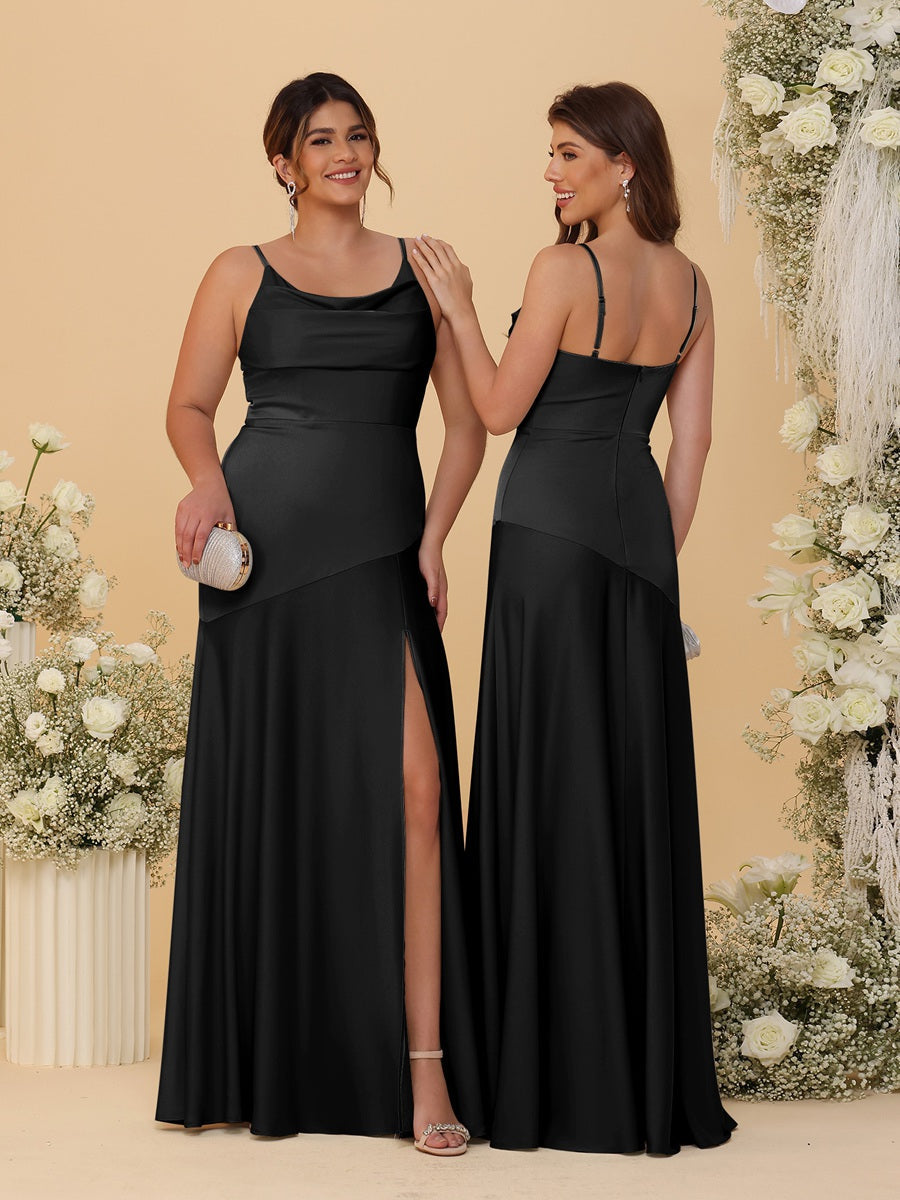 Sheath/Column Spaghetti Straps Cowl Neck Sleeveless Bridesmaid Dresses With Split Side Black