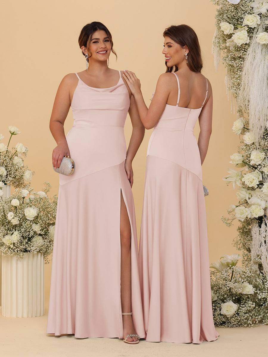Sheath/Column Spaghetti Straps Cowl Neck Sleeveless Bridesmaid Dresses With Split Side Blush Pink