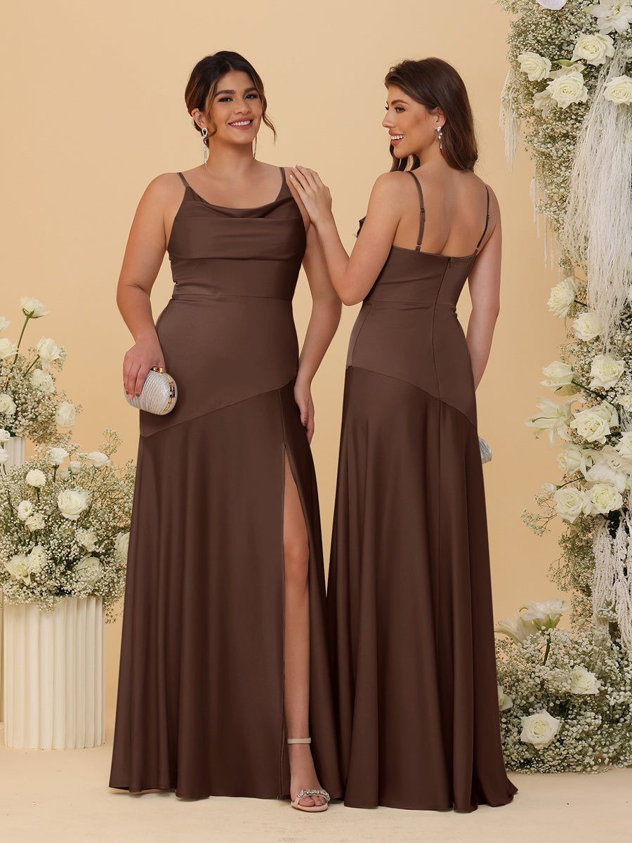 Sheath/Column Spaghetti Straps Cowl Neck Sleeveless Bridesmaid Dresses With Split Side Brown