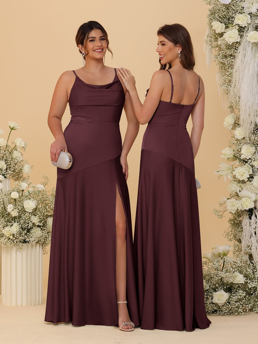 Sheath/Column Spaghetti Straps Cowl Neck Sleeveless Bridesmaid Dresses With Split Side Burgundy