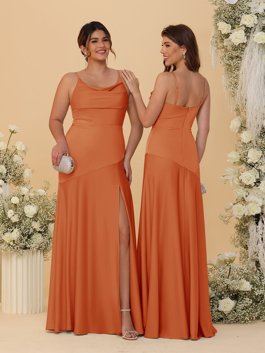 Sheath/Column Spaghetti Straps Cowl Neck Sleeveless Bridesmaid Dresses With Split Side Burnt Orange