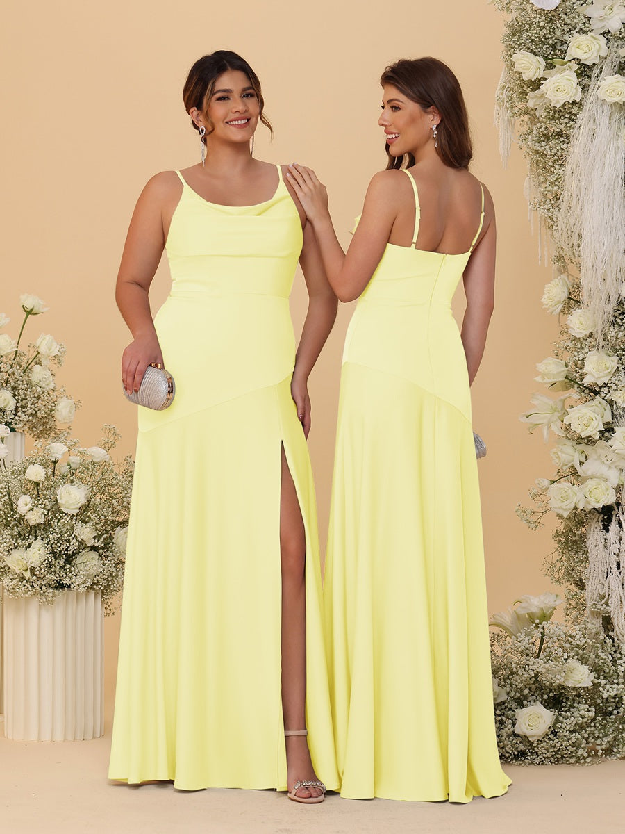 Sheath/Column Spaghetti Straps Cowl Neck Sleeveless Bridesmaid Dresses With Split Side Canary