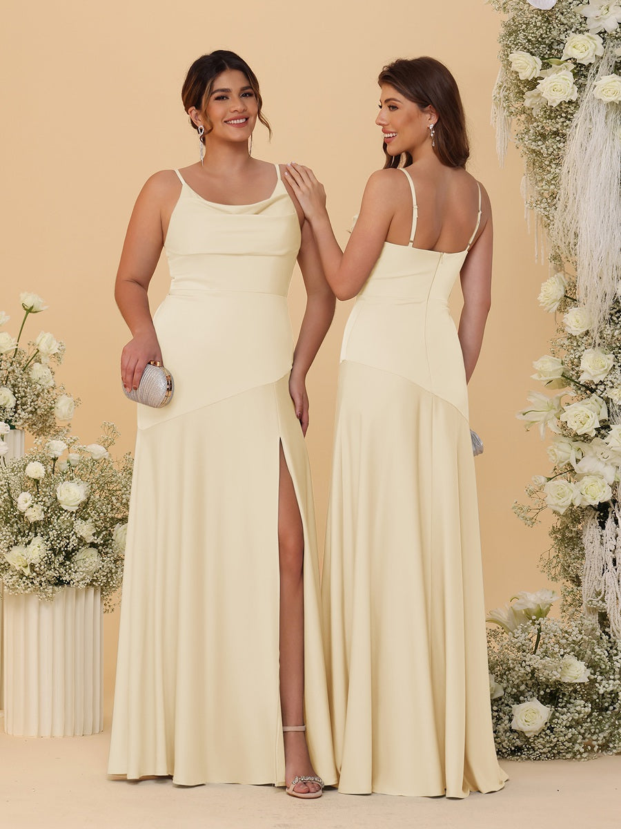 Sheath/Column Spaghetti Straps Cowl Neck Sleeveless Bridesmaid Dresses With Split Side Champagne