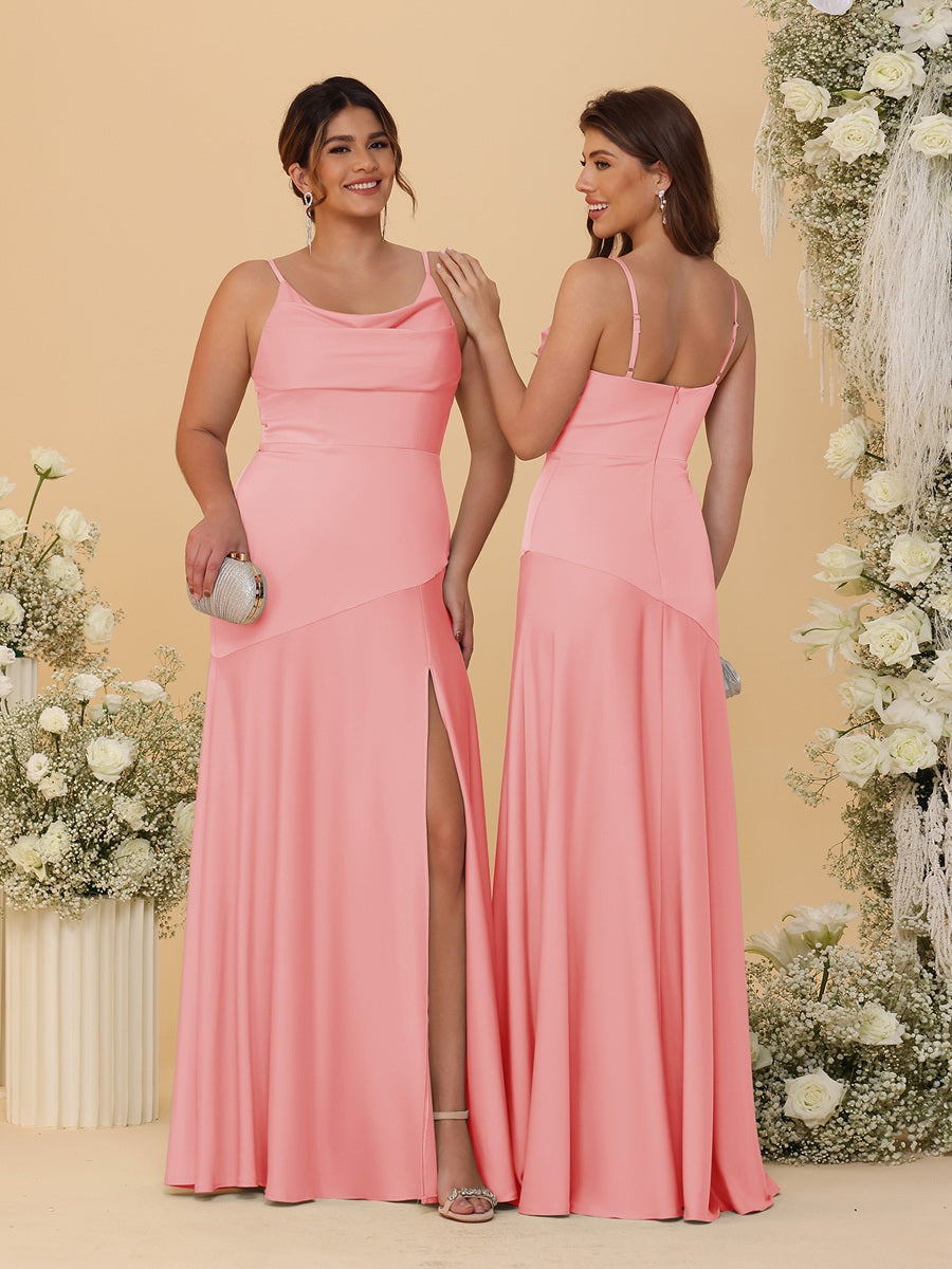 Sheath/Column Spaghetti Straps Cowl Neck Sleeveless Bridesmaid Dresses With Split Side Coral