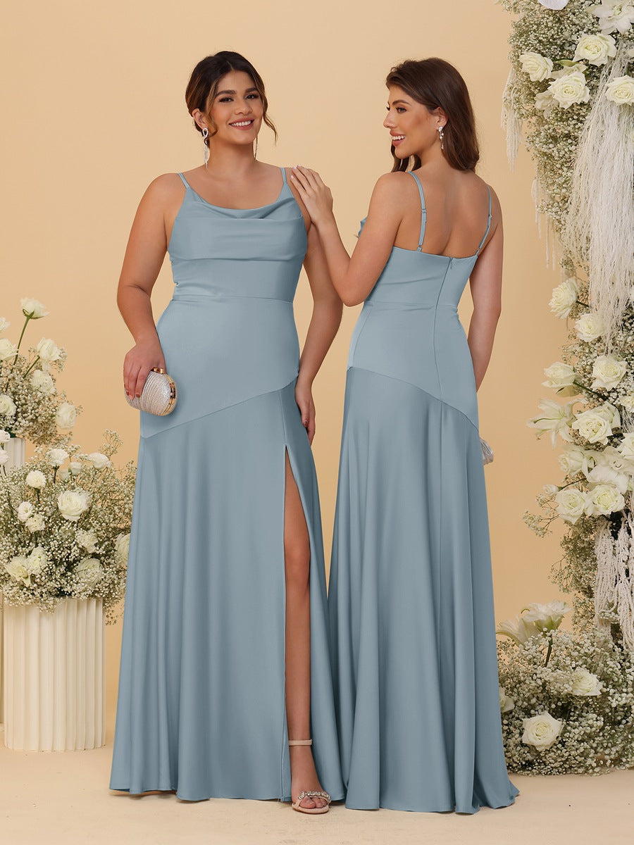 Sheath/Column Spaghetti Straps Cowl Neck Sleeveless Bridesmaid Dresses With Split Side Dusty Blue