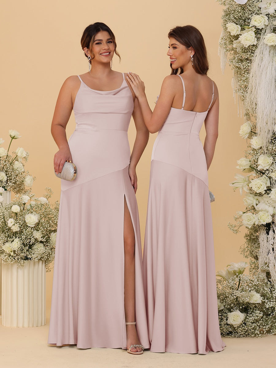 Sheath/Column Spaghetti Straps Cowl Neck Sleeveless Bridesmaid Dresses With Split Side Dusty Pink