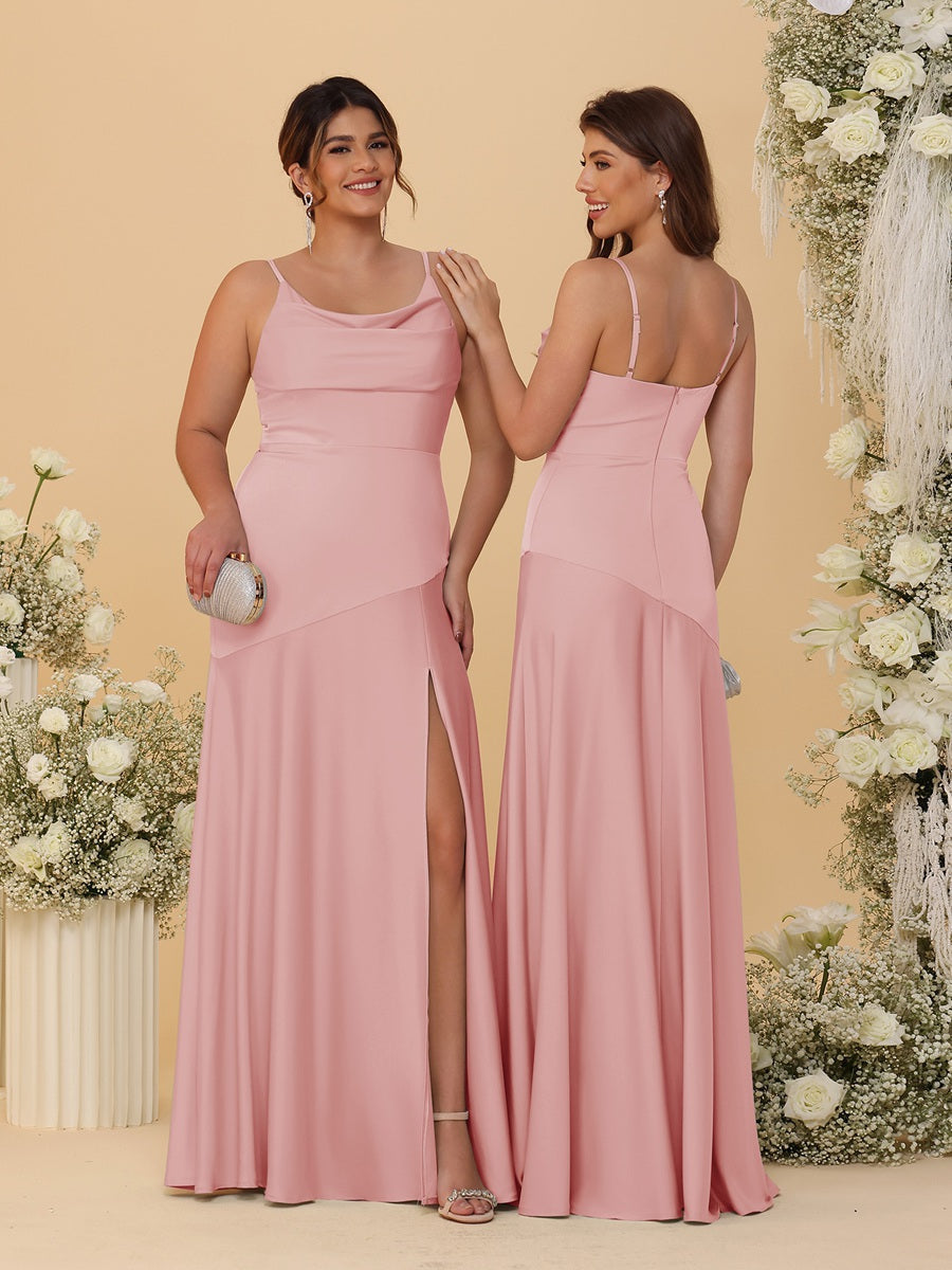 Sheath/Column Spaghetti Straps Cowl Neck Sleeveless Bridesmaid Dresses With Split Side Dusty Rose