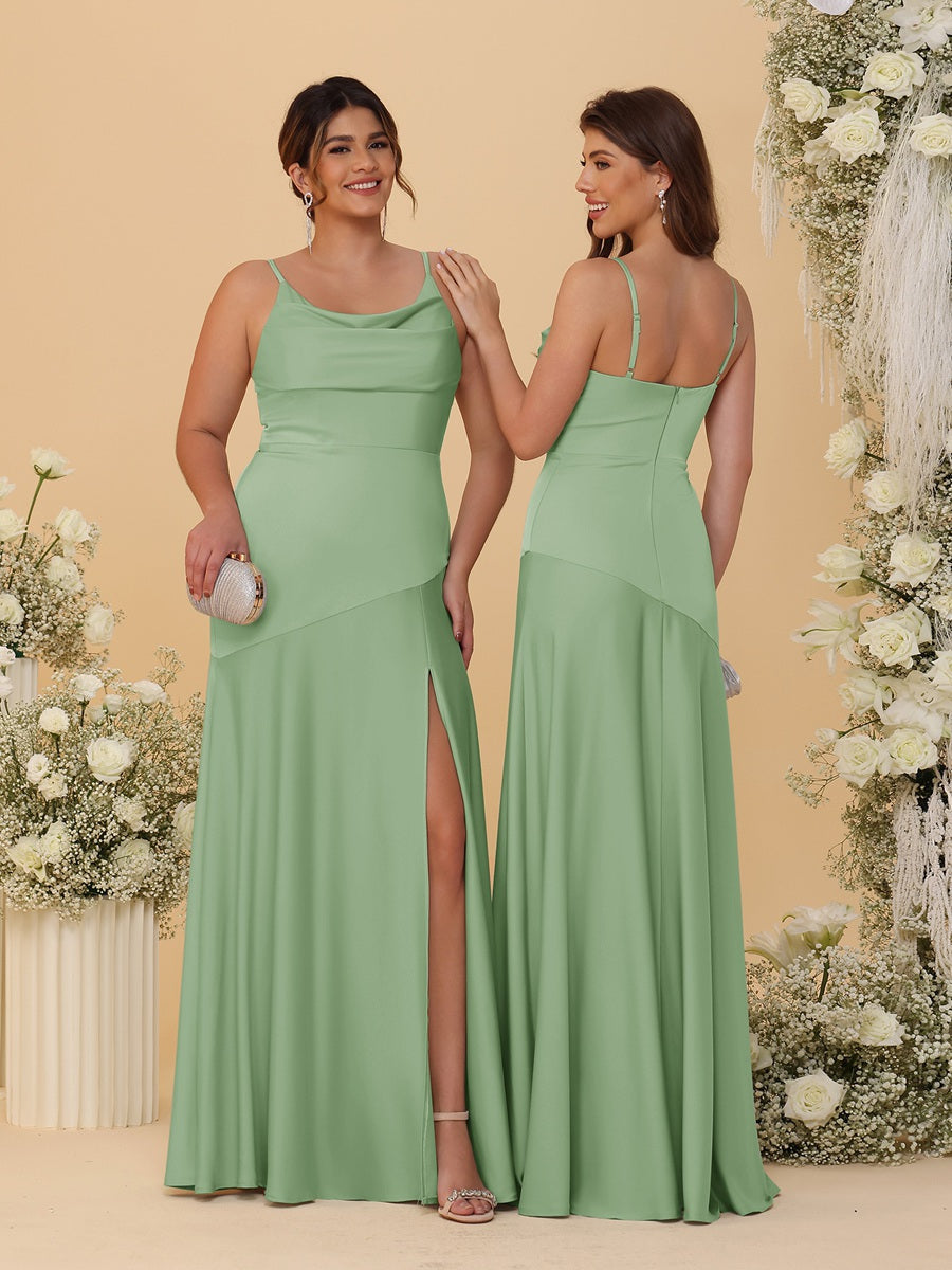 Sheath/Column Spaghetti Straps Cowl Neck Sleeveless Bridesmaid Dresses With Split Side Dusty Sage
