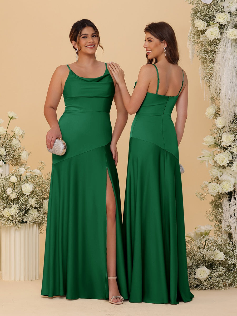 Sheath/Column Spaghetti Straps Cowl Neck Sleeveless Bridesmaid Dresses With Split Side Emerald