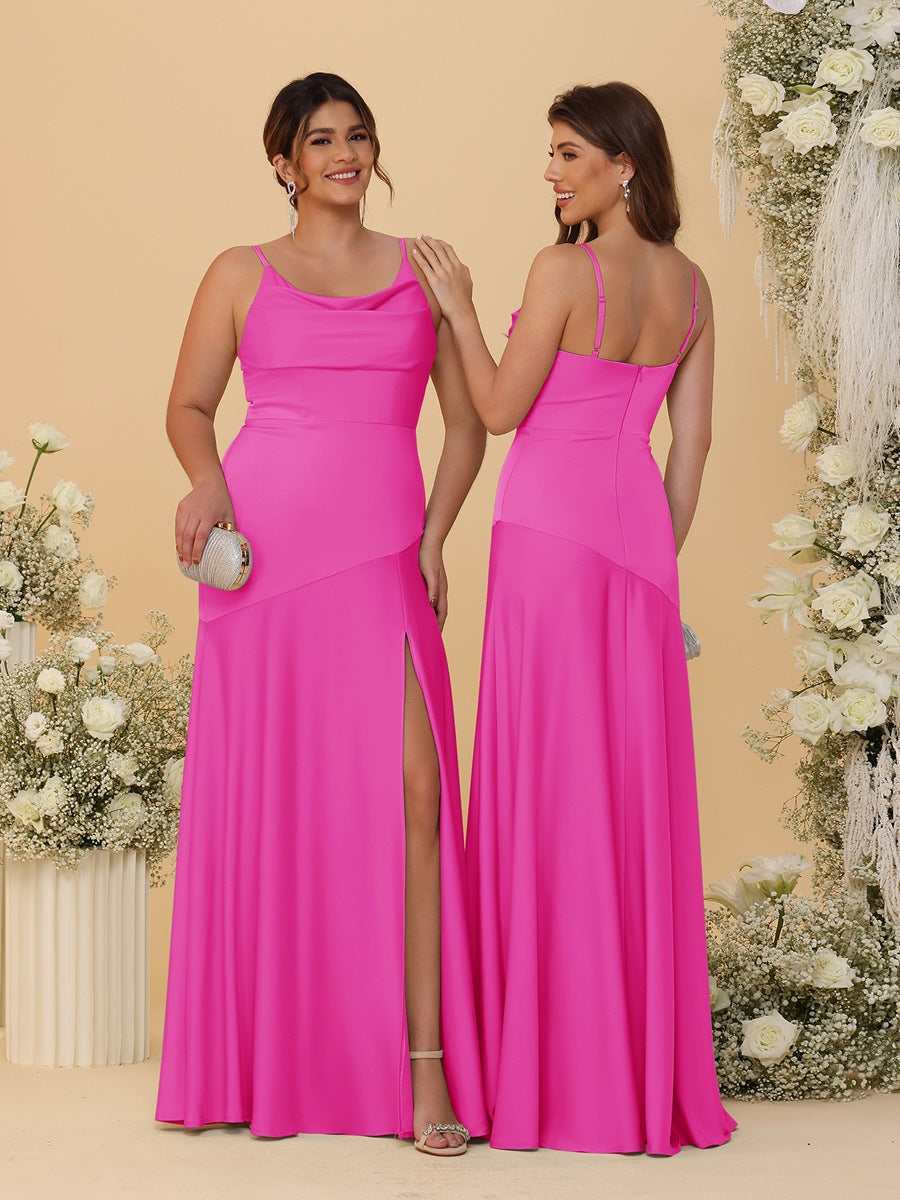 Sheath/Column Spaghetti Straps Cowl Neck Sleeveless Bridesmaid Dresses With Split Side Fuchsia