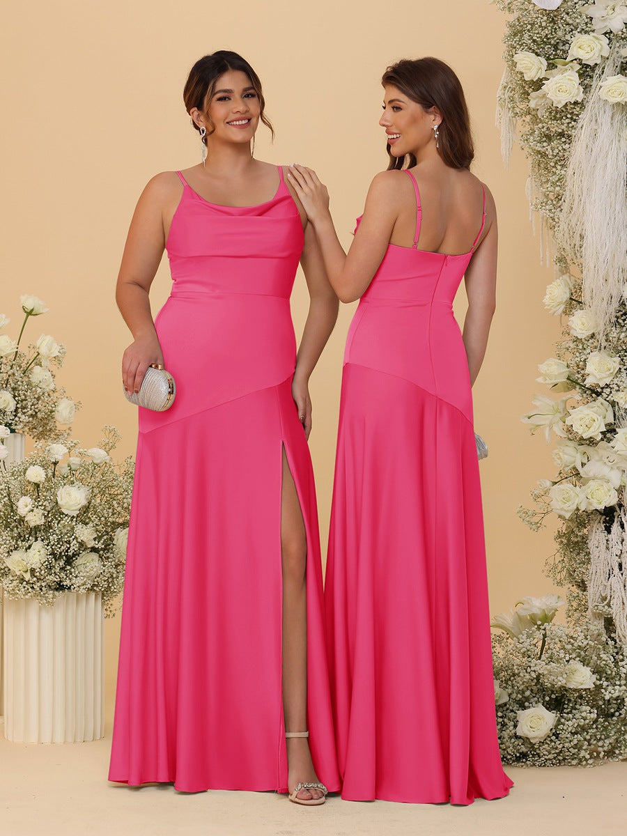 Sheath/Column Spaghetti Straps Cowl Neck Sleeveless Bridesmaid Dresses With Split Side Fuchsia Pink