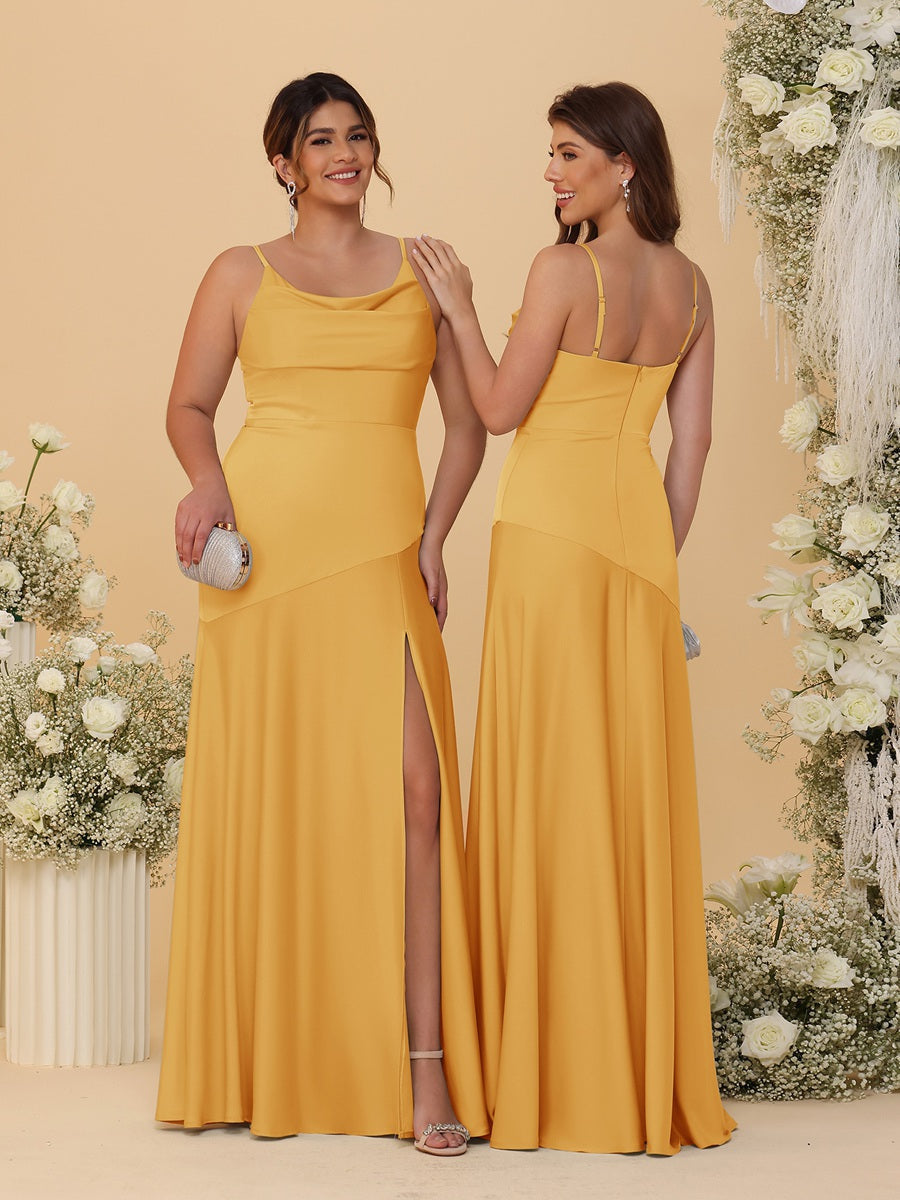 Sheath/Column Spaghetti Straps Cowl Neck Sleeveless Bridesmaid Dresses With Split Side Gold