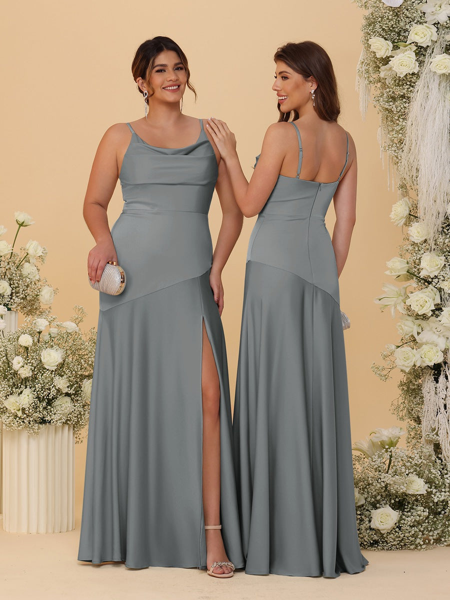 Sheath/Column Spaghetti Straps Cowl Neck Sleeveless Bridesmaid Dresses With Split Side Gray