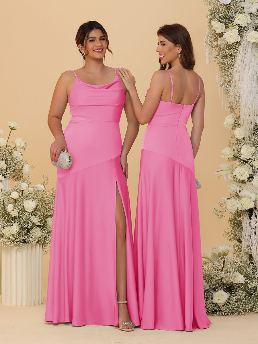 Sheath/Column Spaghetti Straps Cowl Neck Sleeveless Bridesmaid Dresses With Split Side Hot Pink