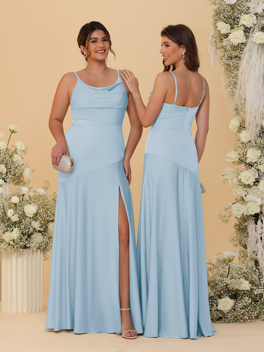 Sheath/Column Spaghetti Straps Cowl Neck Sleeveless Bridesmaid Dresses With Split Side Lavender