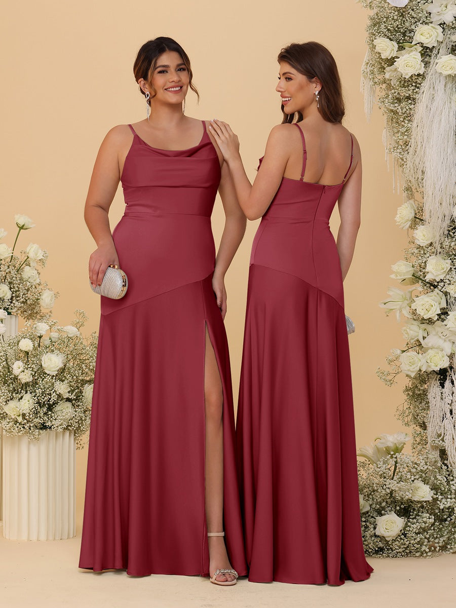 Sheath/Column Spaghetti Straps Cowl Neck Sleeveless Bridesmaid Dresses With Split Side Light Burgundy