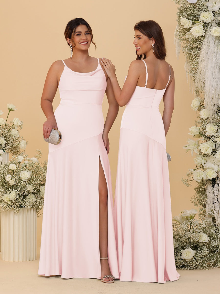 Sheath/Column Spaghetti Straps Cowl Neck Sleeveless Bridesmaid Dresses With Split Side Light Pink