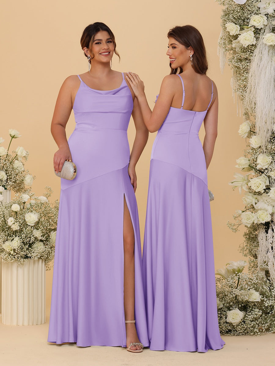 Sheath/Column Spaghetti Straps Cowl Neck Sleeveless Bridesmaid Dresses With Split Side Light Purple