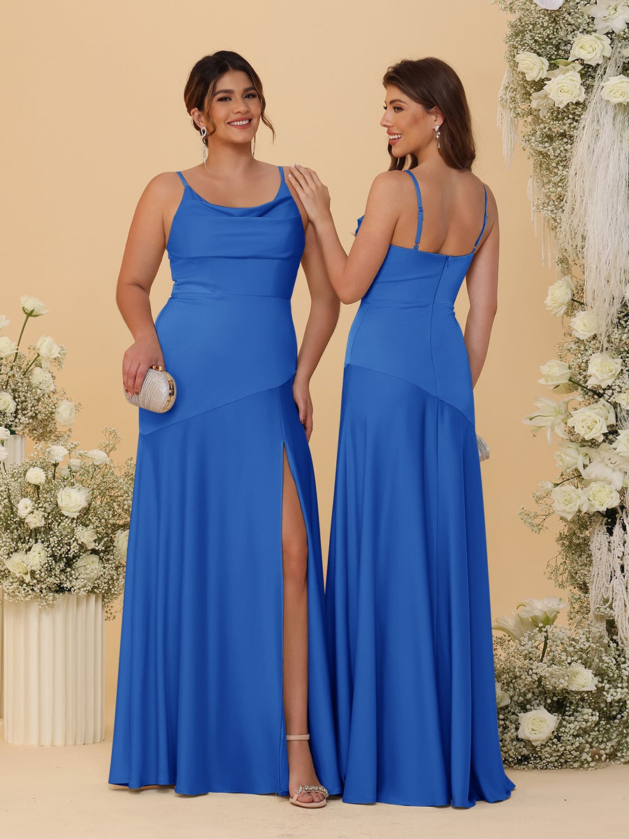 Sheath/Column Spaghetti Straps Cowl Neck Sleeveless Bridesmaid Dresses With Split Side Light Royal Blue
