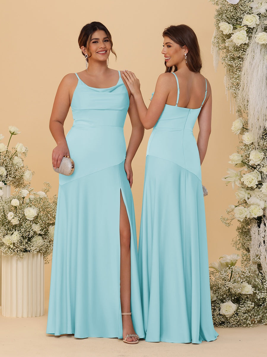 Sheath/Column Spaghetti Straps Cowl Neck Sleeveless Bridesmaid Dresses With Split Side Light Sky Blue