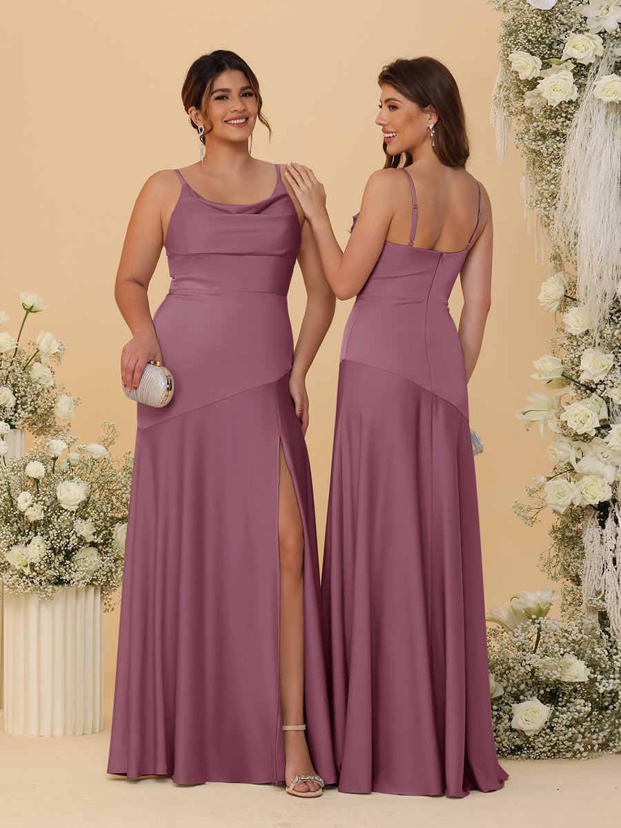 Sheath/Column Spaghetti Straps Cowl Neck Sleeveless Bridesmaid Dresses With Split Side Mulberry
