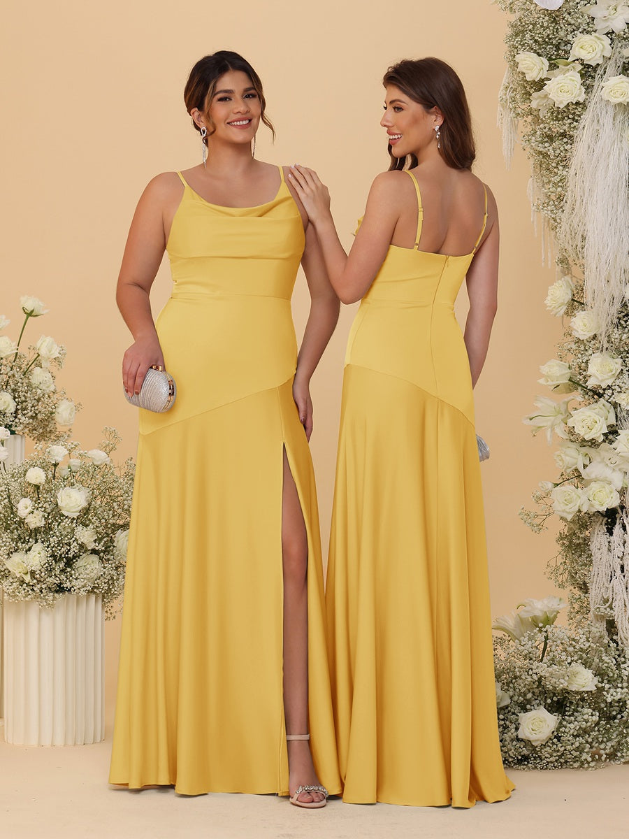Sheath/Column Spaghetti Straps Cowl Neck Sleeveless Bridesmaid Dresses With Split Side Mustard Yellow