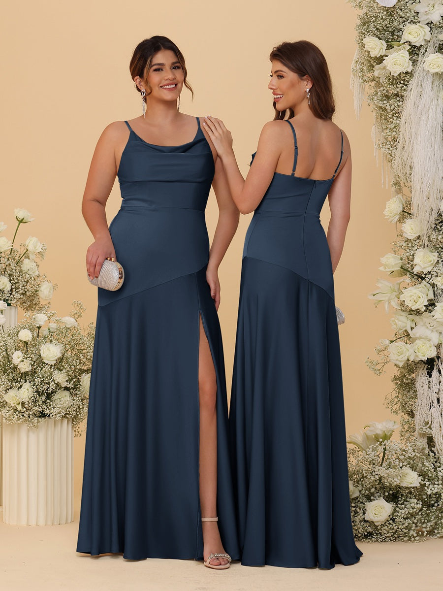 Sheath/Column Spaghetti Straps Cowl Neck Sleeveless Bridesmaid Dresses With Split Side Navy Blue