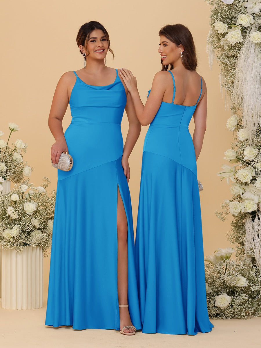 Sheath/Column Spaghetti Straps Cowl Neck Sleeveless Bridesmaid Dresses With Split Side Ocean Blue