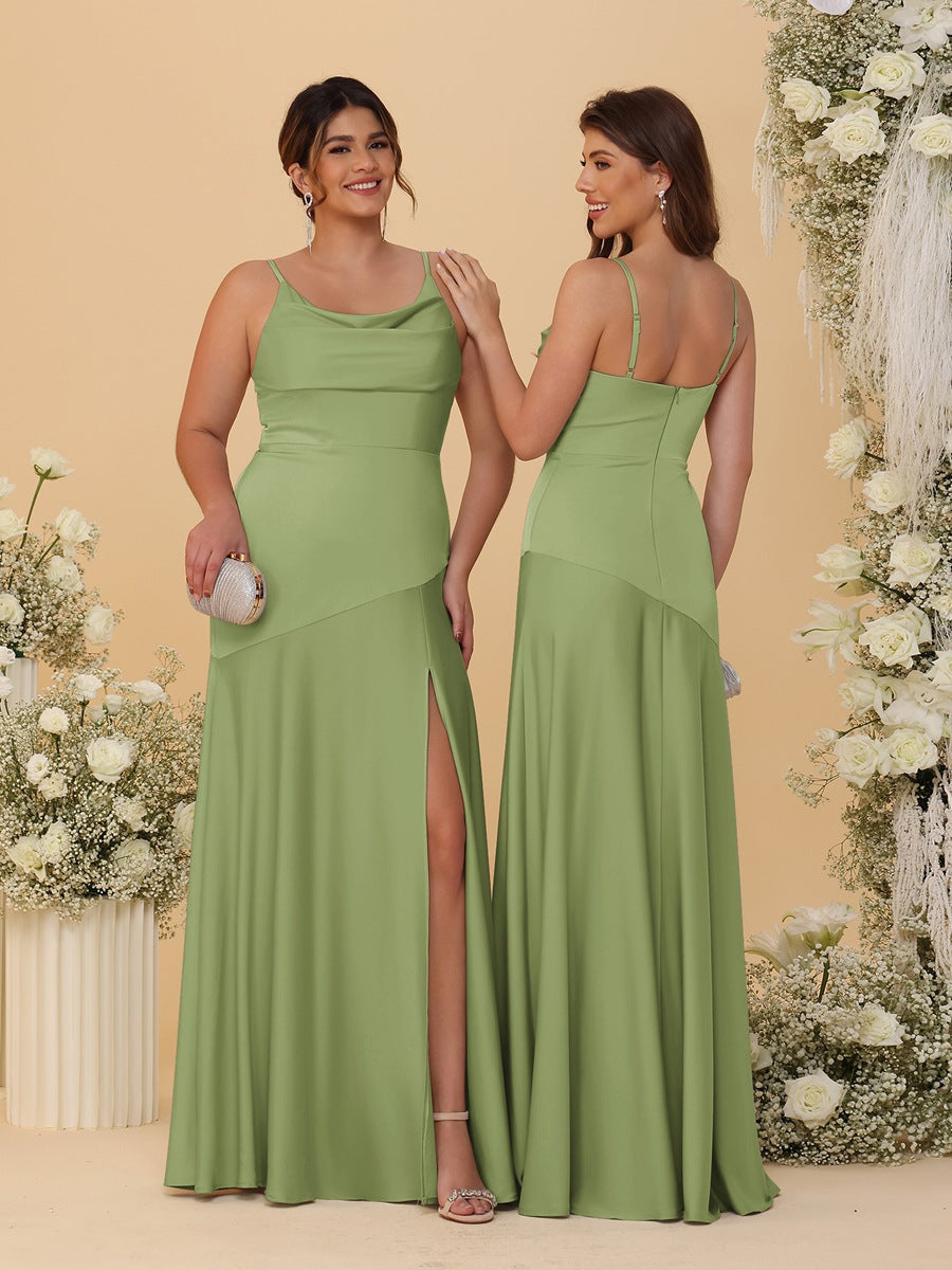 Sheath/Column Spaghetti Straps Cowl Neck Sleeveless Bridesmaid Dresses With Split Side Olive Green