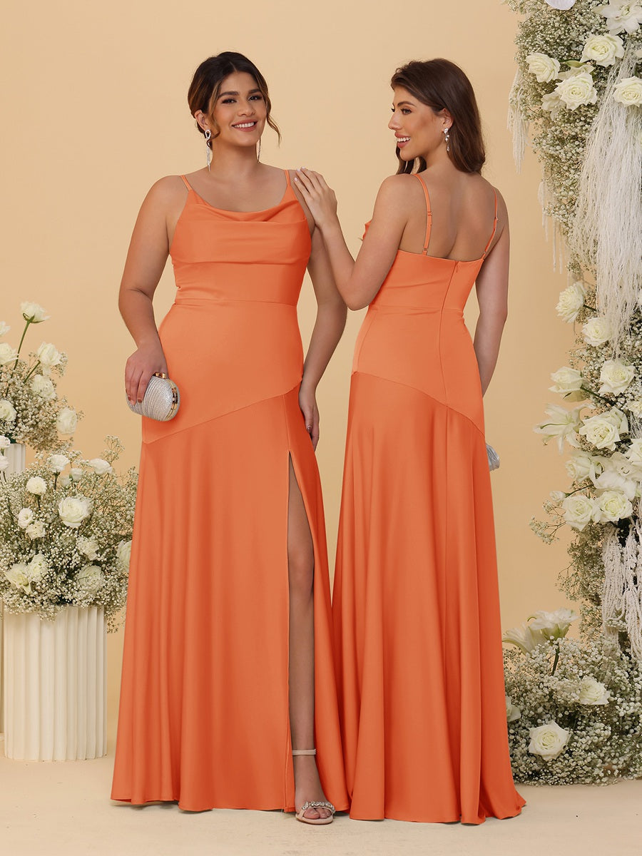 Sheath/Column Spaghetti Straps Cowl Neck Sleeveless Bridesmaid Dresses With Split Side Orange