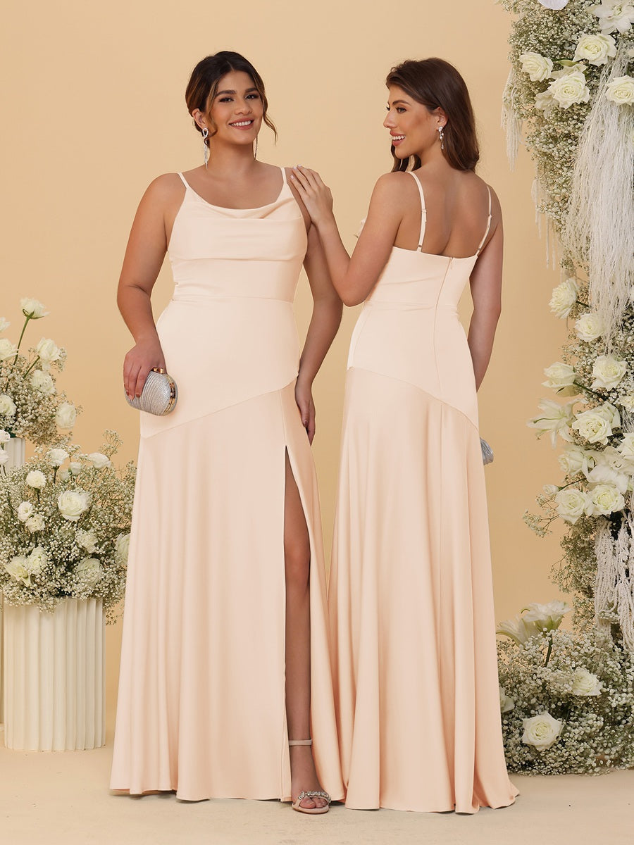 Sheath/Column Spaghetti Straps Cowl Neck Sleeveless Bridesmaid Dresses With Split Side Peach Pink