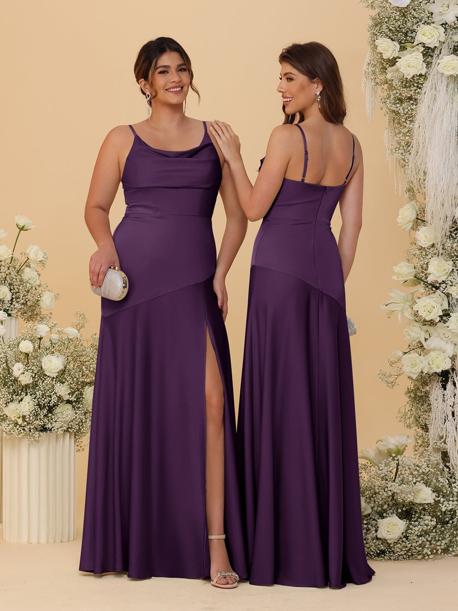 Sheath/Column Spaghetti Straps Cowl Neck Sleeveless Bridesmaid Dresses With Split Side Plum