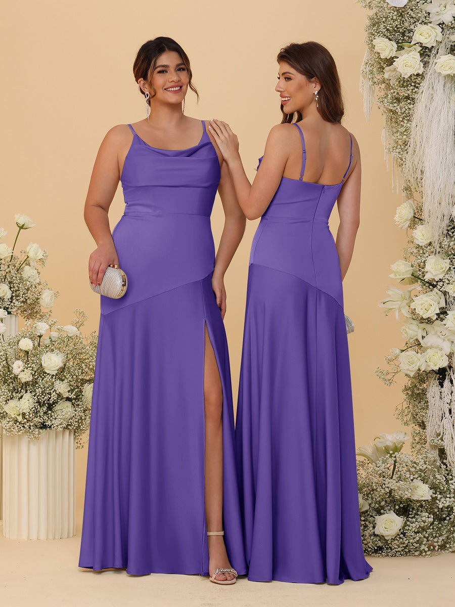Sheath/Column Spaghetti Straps Cowl Neck Sleeveless Bridesmaid Dresses With Split Side Purple