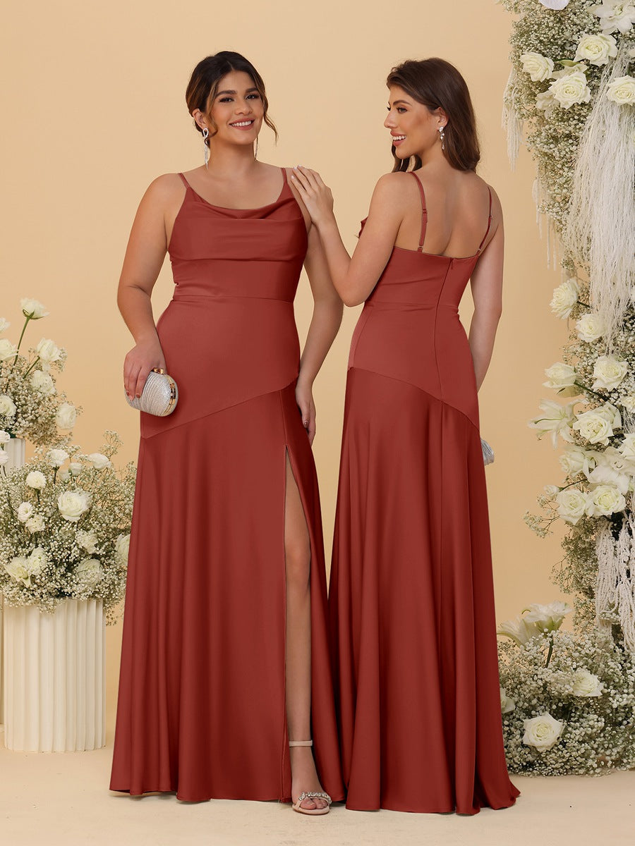 Sheath/Column Spaghetti Straps Cowl Neck Sleeveless Bridesmaid Dresses With Split Side Rust