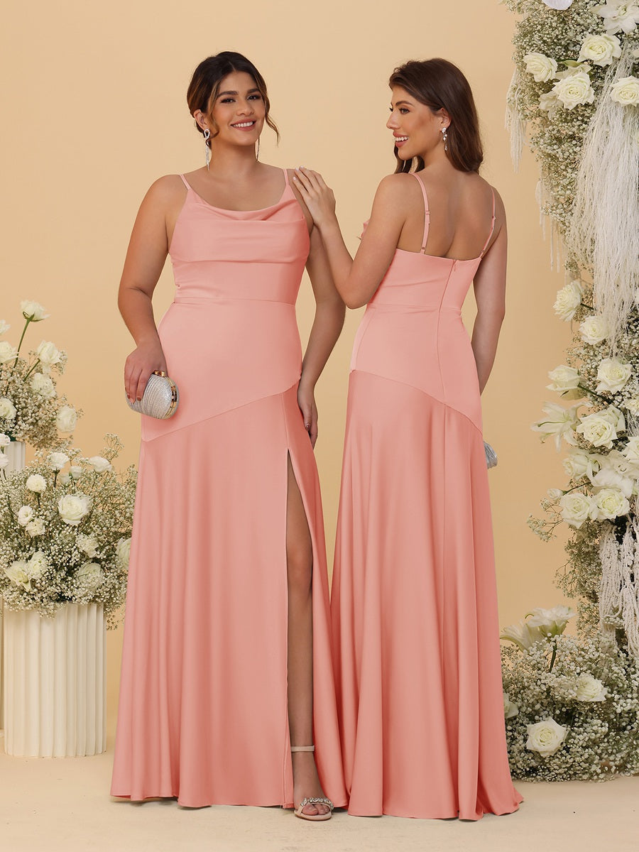 Sheath/Column Spaghetti Straps Cowl Neck Sleeveless Bridesmaid Dresses With Split Side Salmon