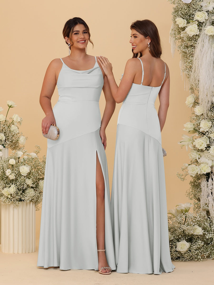 Sheath/Column Spaghetti Straps Cowl Neck Sleeveless Bridesmaid Dresses With Split Side Silver