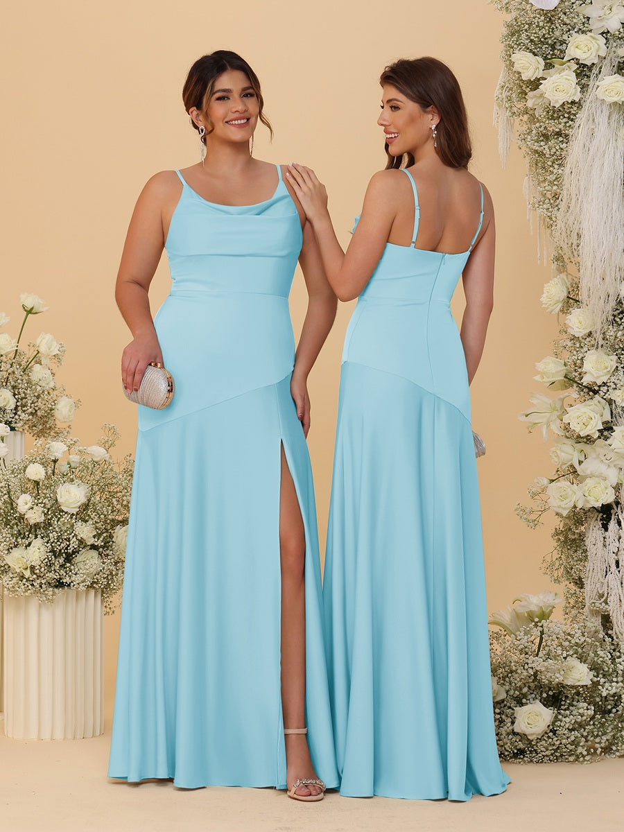 Sheath/Column Spaghetti Straps Cowl Neck Sleeveless Bridesmaid Dresses With Split Side Sky Blue