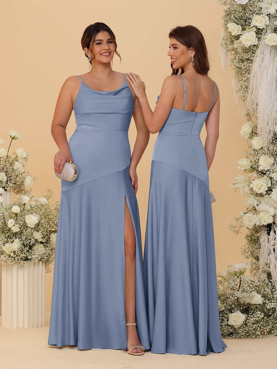 Sheath/Column Spaghetti Straps Cowl Neck Sleeveless Bridesmaid Dresses With Split Side Steel Blue