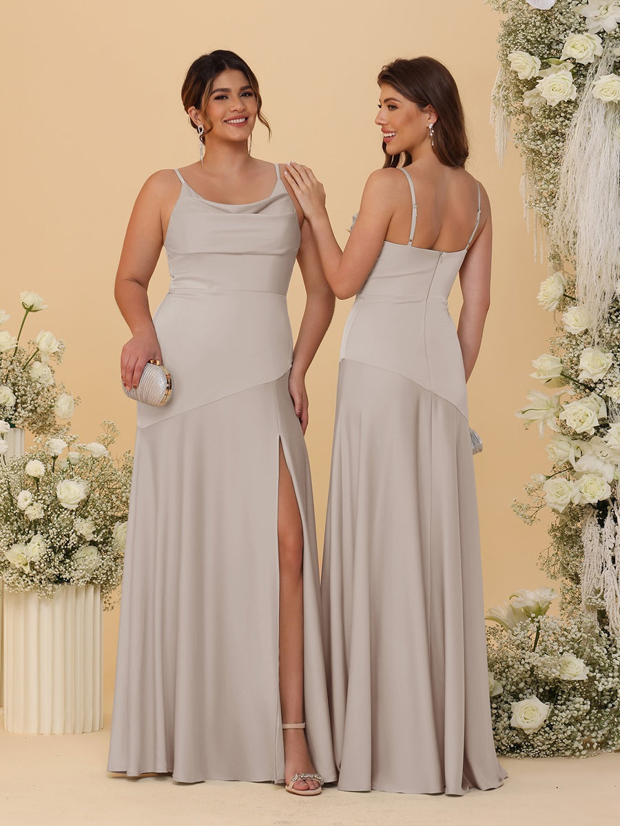 Sheath/Column Spaghetti Straps Cowl Neck Sleeveless Bridesmaid Dresses With Split Side Taupe