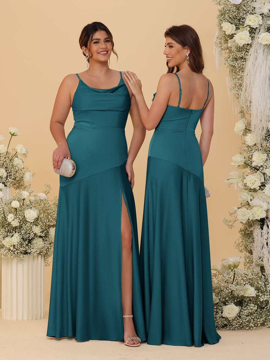 Sheath/Column Spaghetti Straps Cowl Neck Sleeveless Bridesmaid Dresses With Split Side Teal