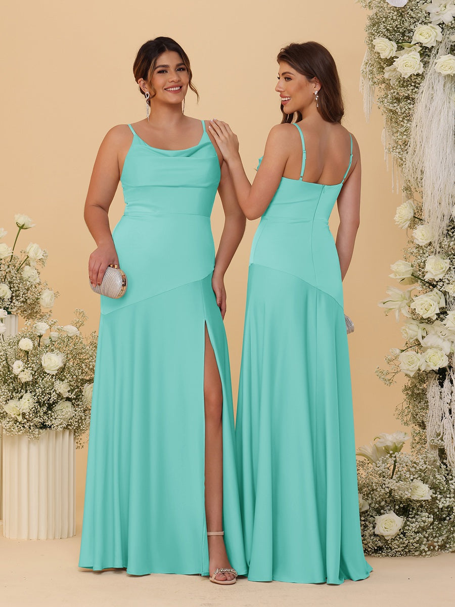 Sheath/Column Spaghetti Straps Cowl Neck Sleeveless Bridesmaid Dresses With Split Side Turquoise