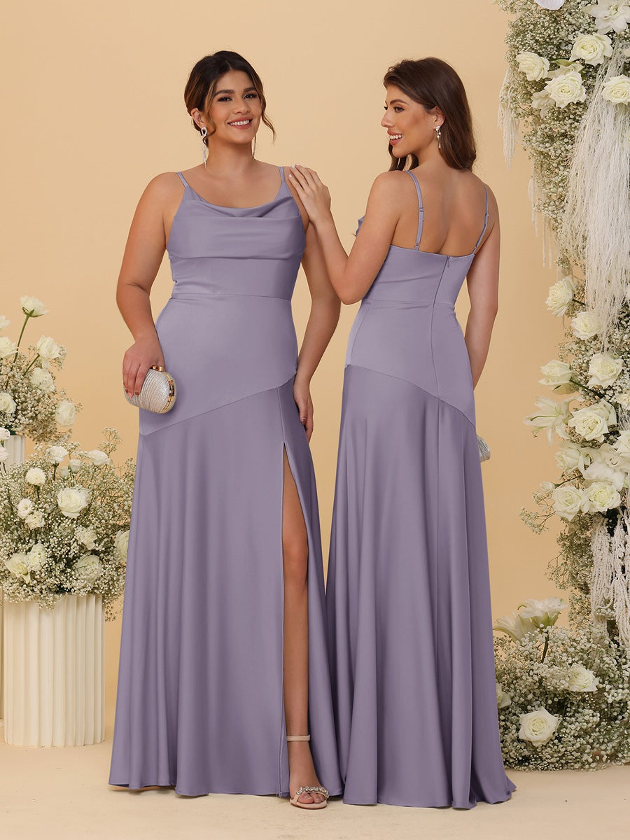 Sheath/Column Spaghetti Straps Cowl Neck Sleeveless Bridesmaid Dresses With Split Side Wisteria