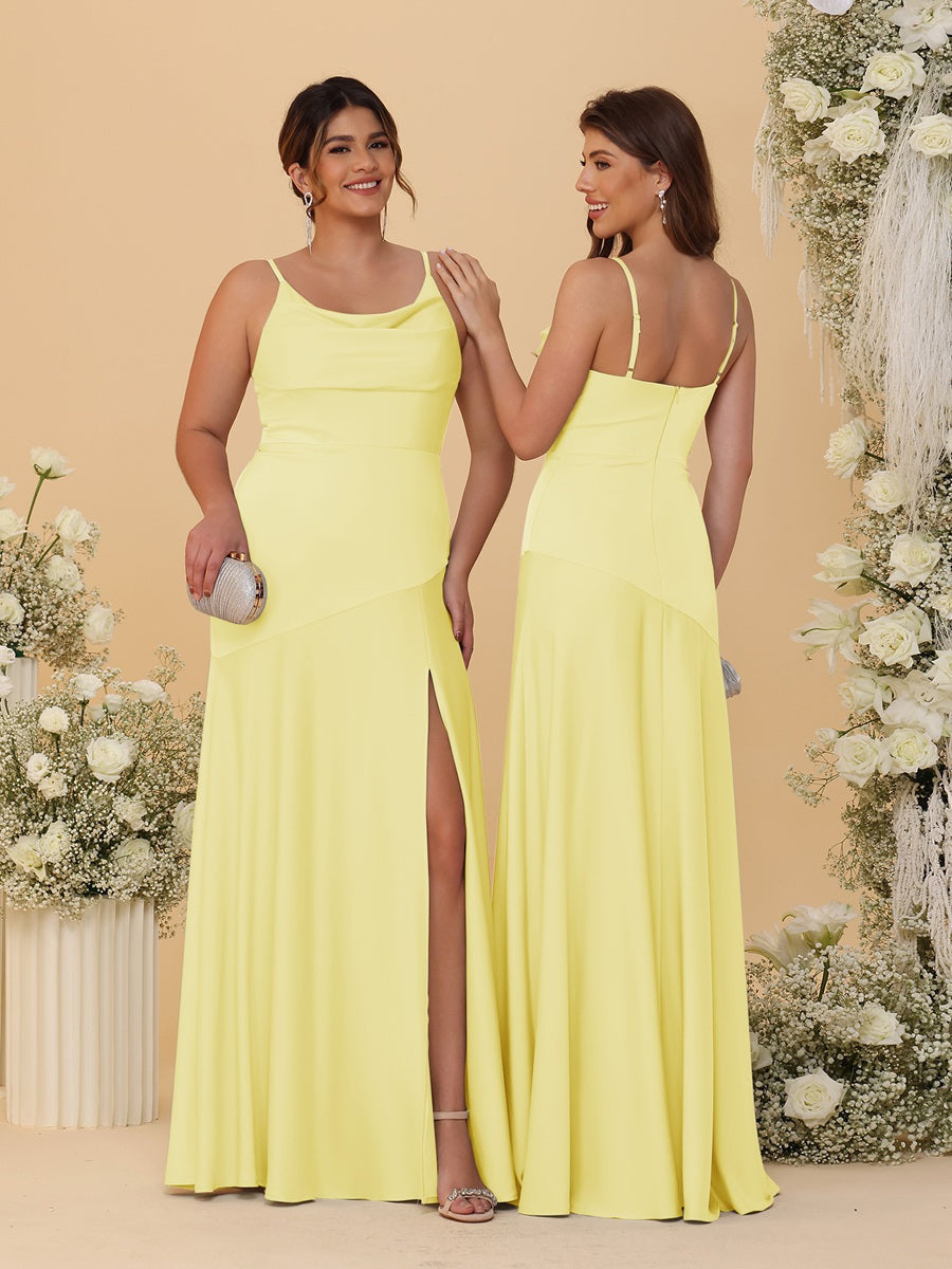Sheath/Column Spaghetti Straps Cowl Neck Sleeveless Bridesmaid Dresses With Split Side Yellow
