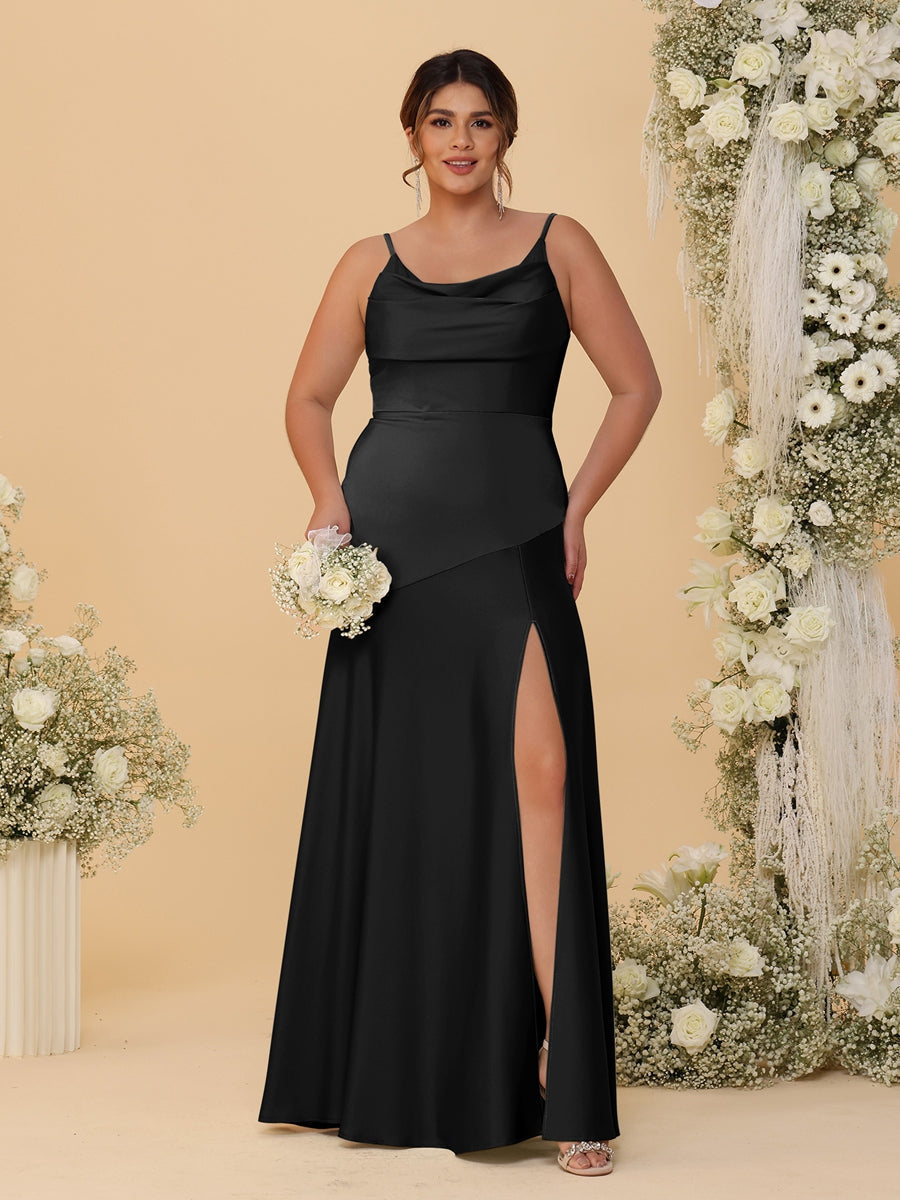Sheath/Column Spaghetti Straps Cowl Neck Sleeveless Plus Size Bridesmaid Dresses With Split Side Black