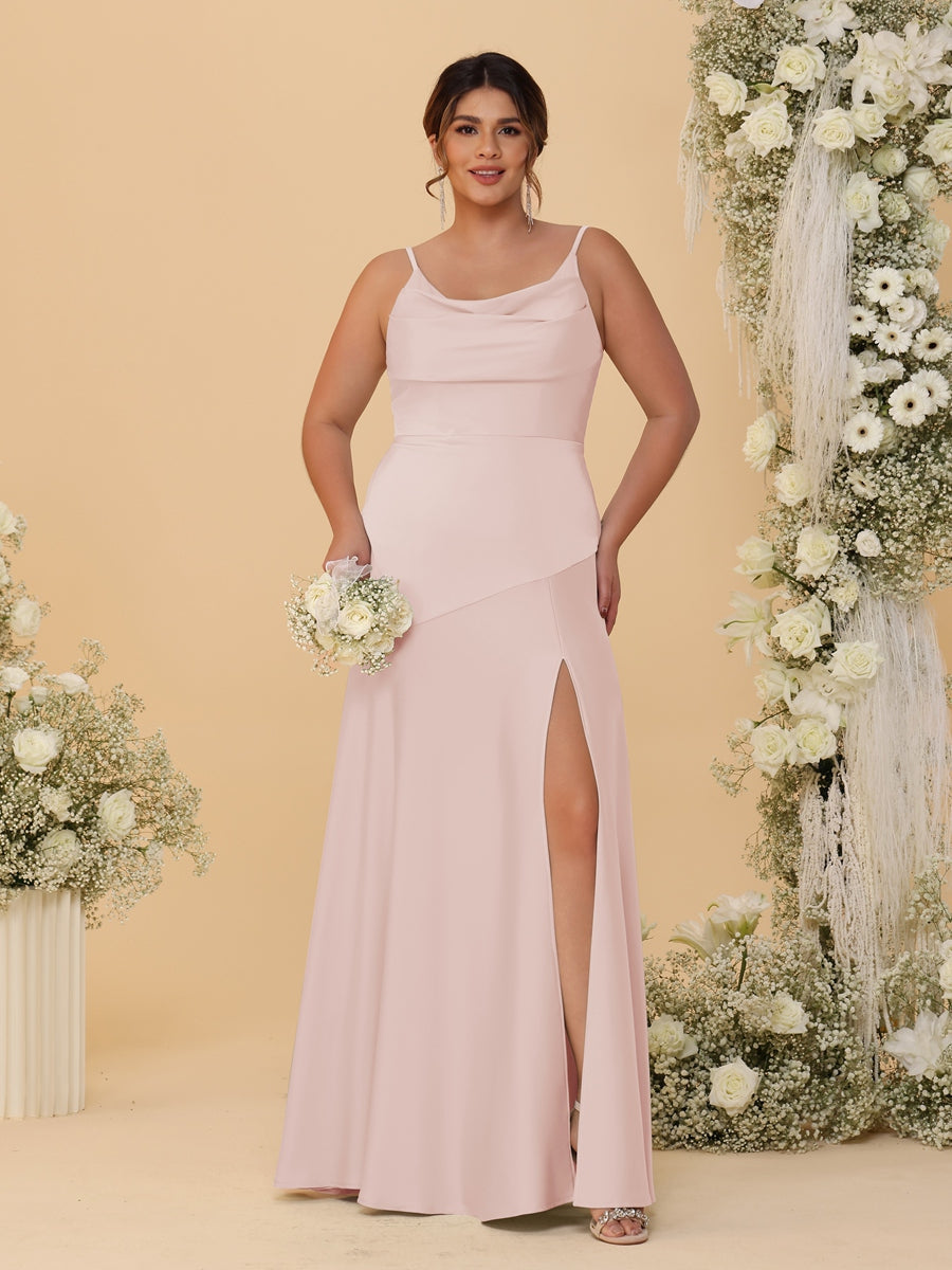 Sheath/Column Spaghetti Straps Cowl Neck Sleeveless Plus Size Bridesmaid Dresses With Split Side Blush Pink