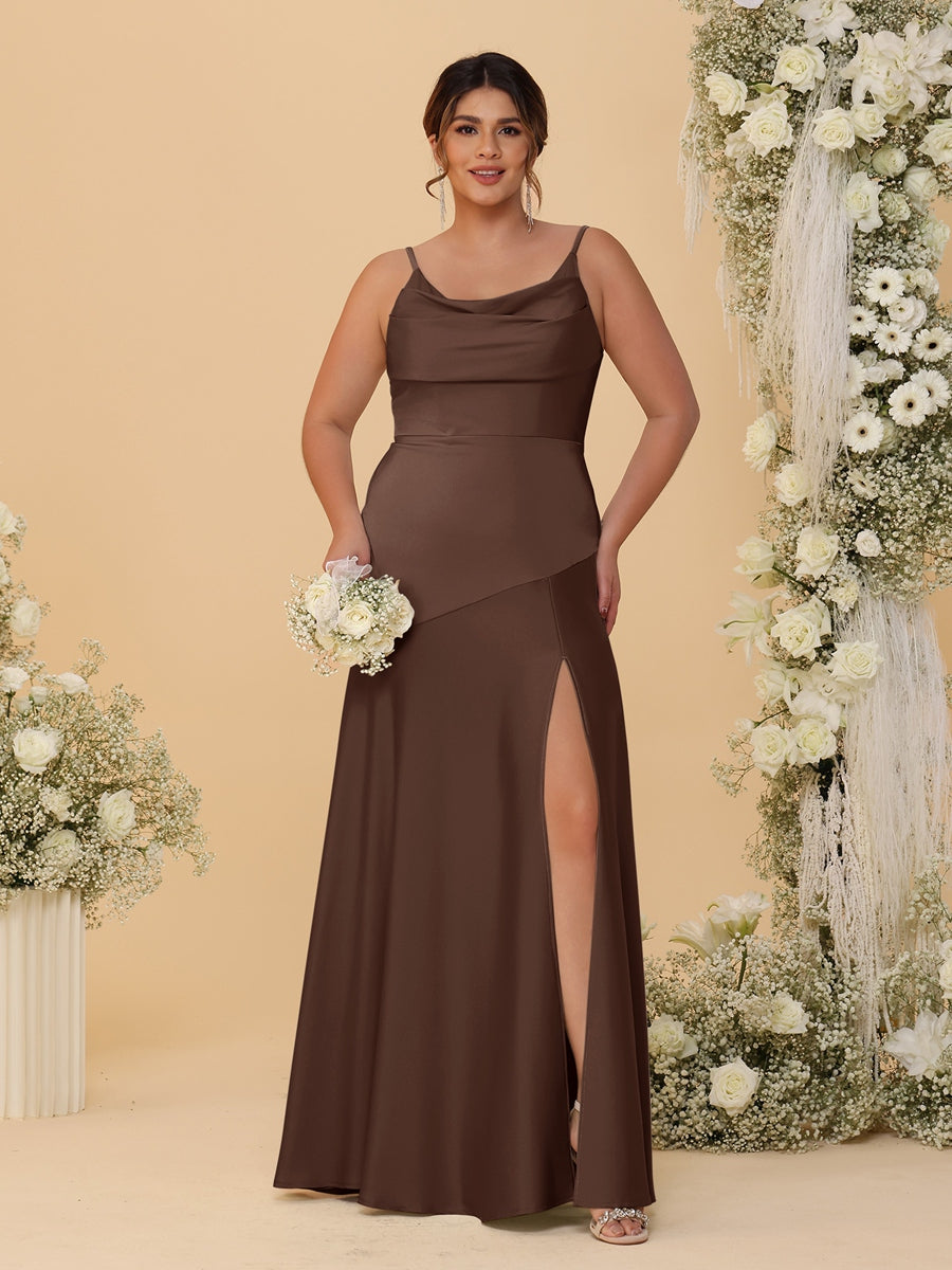 Sheath/Column Spaghetti Straps Cowl Neck Sleeveless Plus Size Bridesmaid Dresses With Split Side Brown