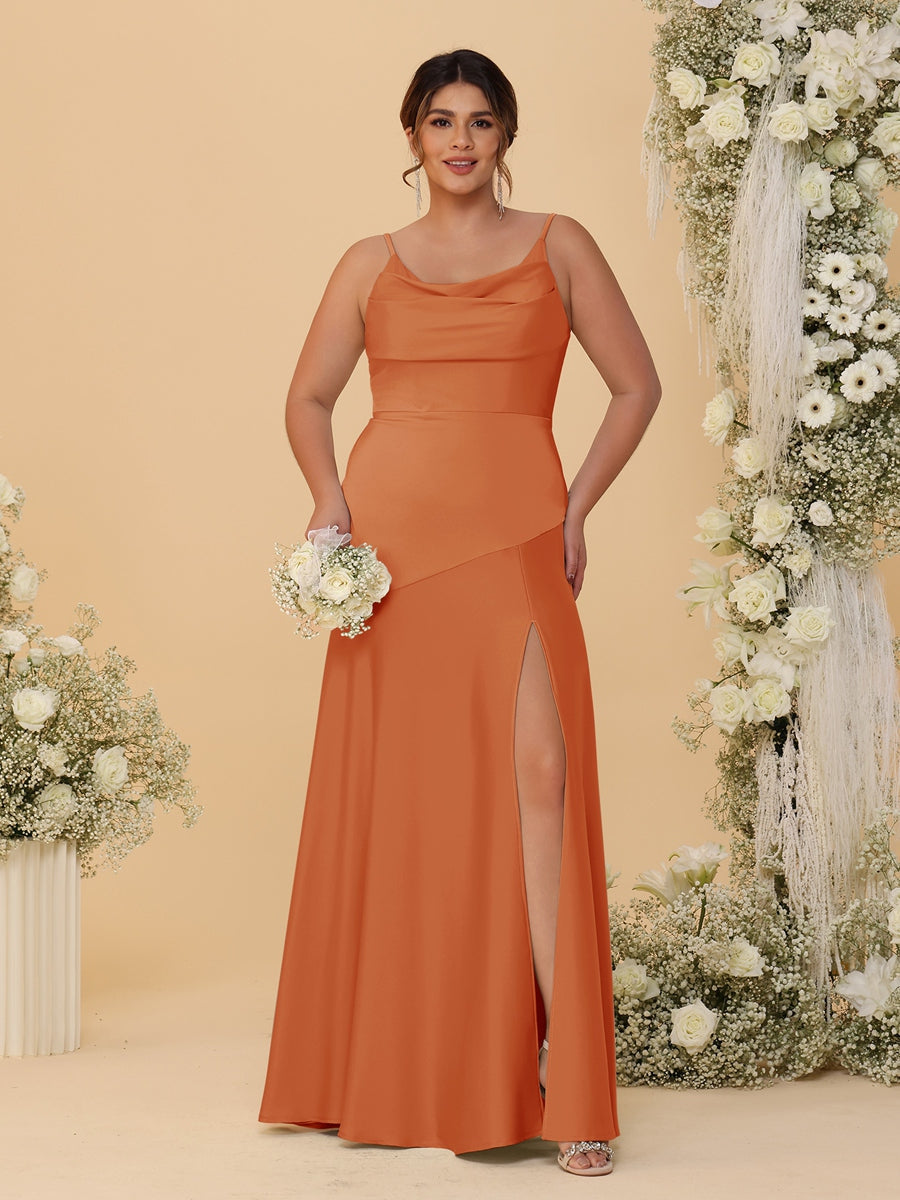 Sheath/Column Spaghetti Straps Cowl Neck Sleeveless Plus Size Bridesmaid Dresses With Split Side Burnt Orange
