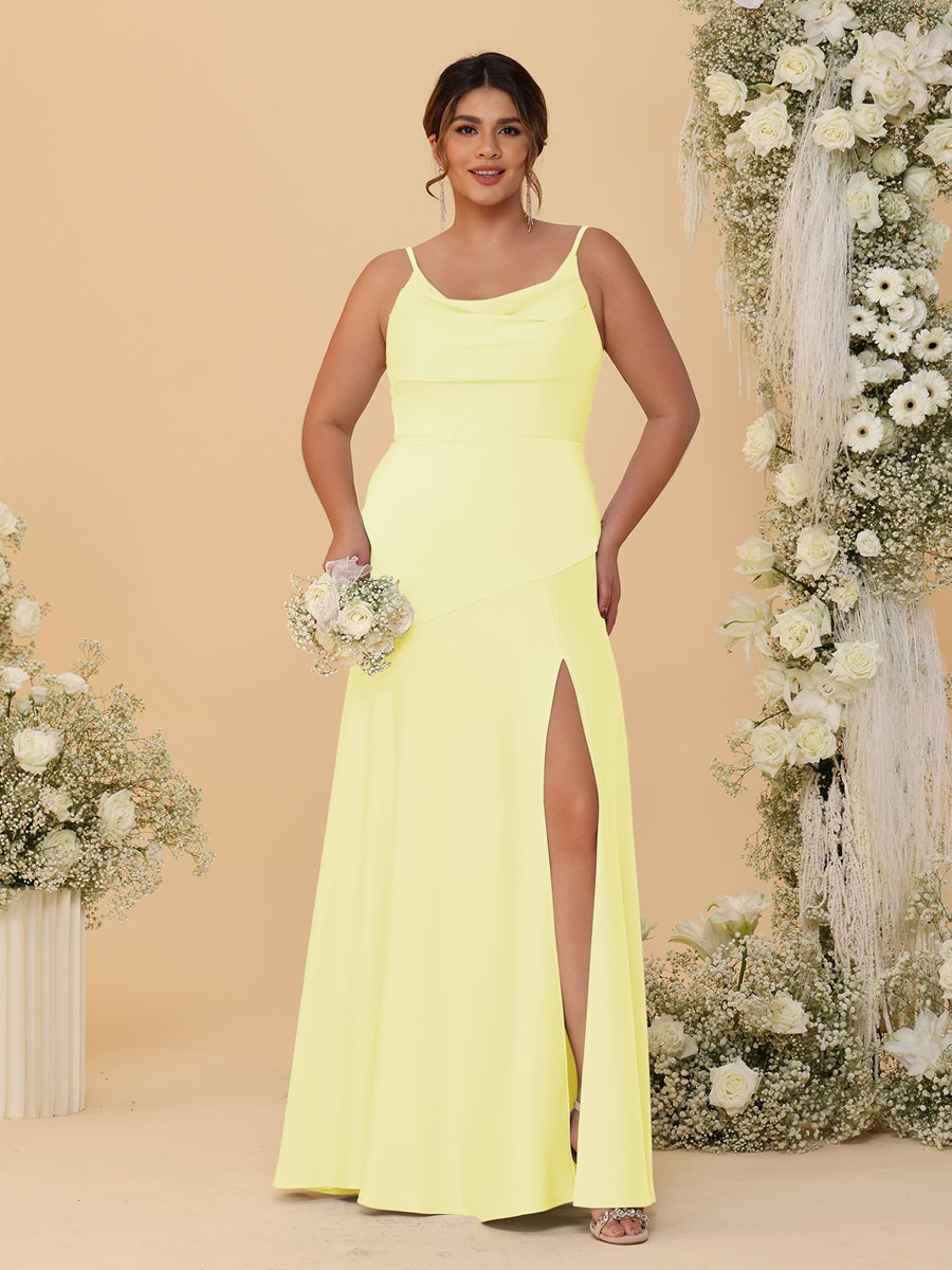 Sheath/Column Spaghetti Straps Cowl Neck Sleeveless Plus Size Bridesmaid Dresses With Split Side Canary
