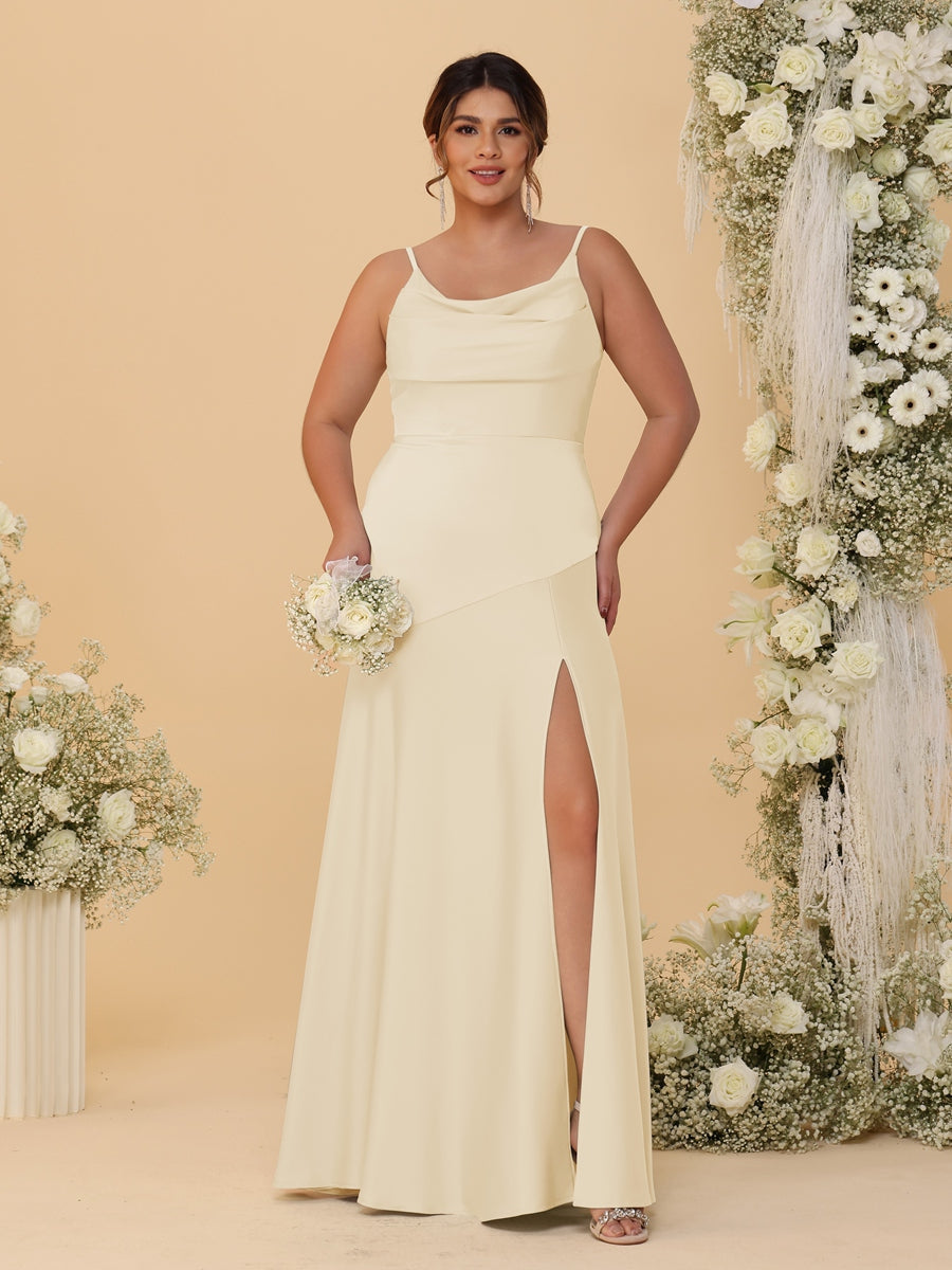 Sheath/Column Spaghetti Straps Cowl Neck Sleeveless Plus Size Bridesmaid Dresses With Split Side Champagne